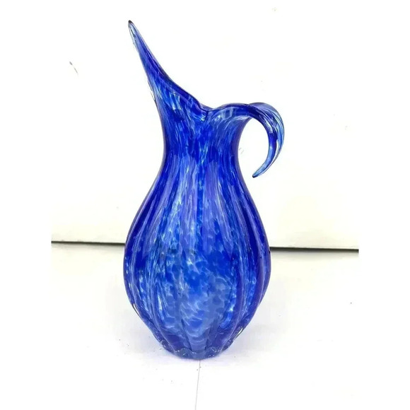 VTG Blue Murano Glass Vase Spotted Ribbed Vase 8.5" Tall Three Petal Floral MCM - Picture 6 of 11